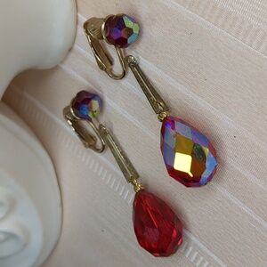 Vintage Czch Red Crystal Earrings Scarlet Red Cocktail Formal Dangle Clip-on